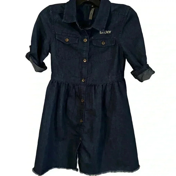 DKNY Girls Blue Chambray Denim Dress Rolled Sleeve, Raw Hem Size 4T - Picture 1 of 8